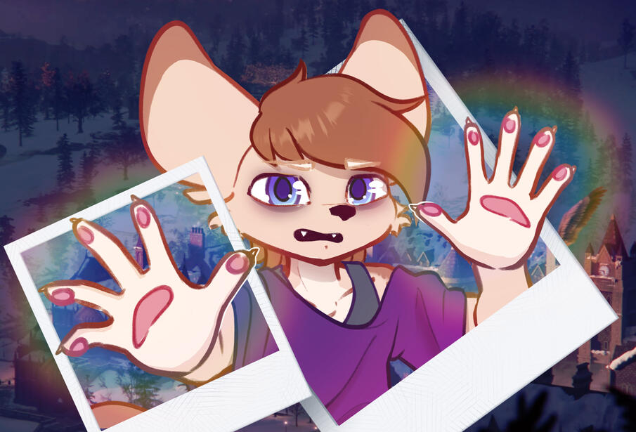 An illustration of my fennec fursona in a redraw of Life is Strange: Double Exposure key art. He is raising both hands as if he was doing magic.